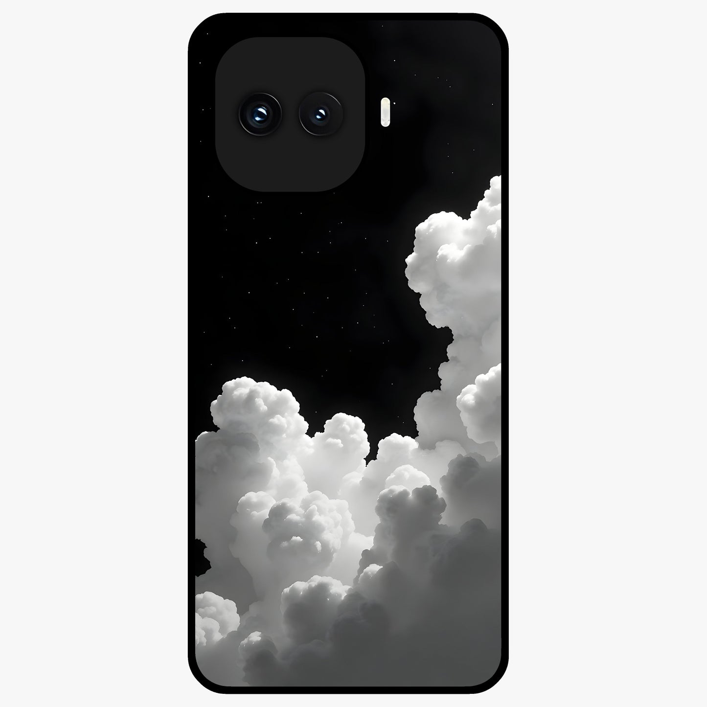 Black Background With White Cloud Glass Case showing flat back view with minimal cloud artwork on dark background and glossy glass finish.