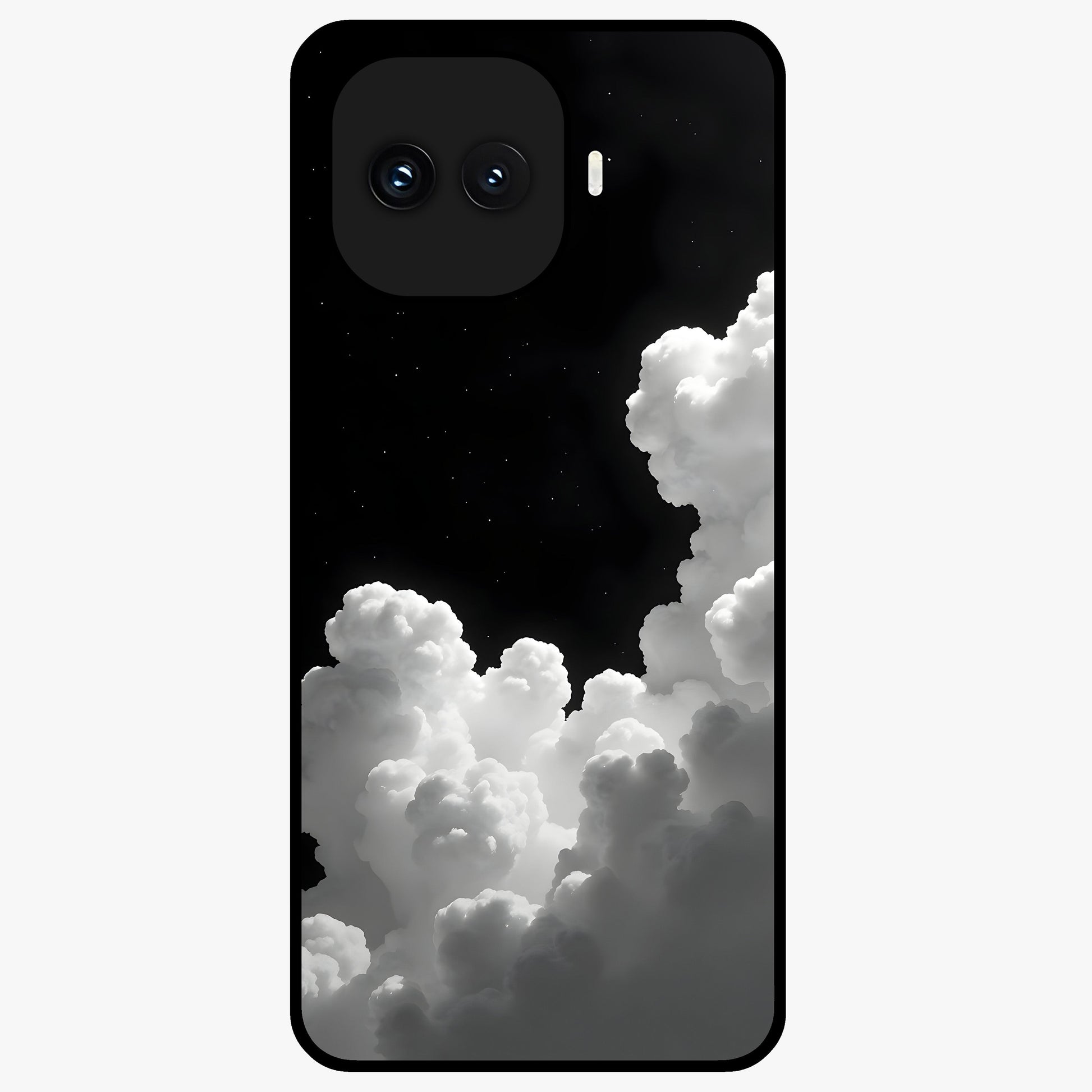 Black Background With White Cloud Glass Case showing flat back view with minimal cloud artwork on dark background and glossy glass finish.
