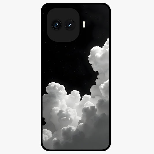 Black Background With White Cloud Glass Case showing flat back view with minimal cloud artwork on dark background and glossy glass finish.
