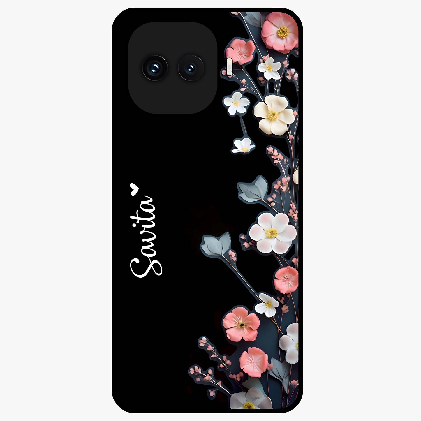 Black Elegance Floral Custom Name Glass Case showing flat back view with elegant floral artwork and personalized name design.