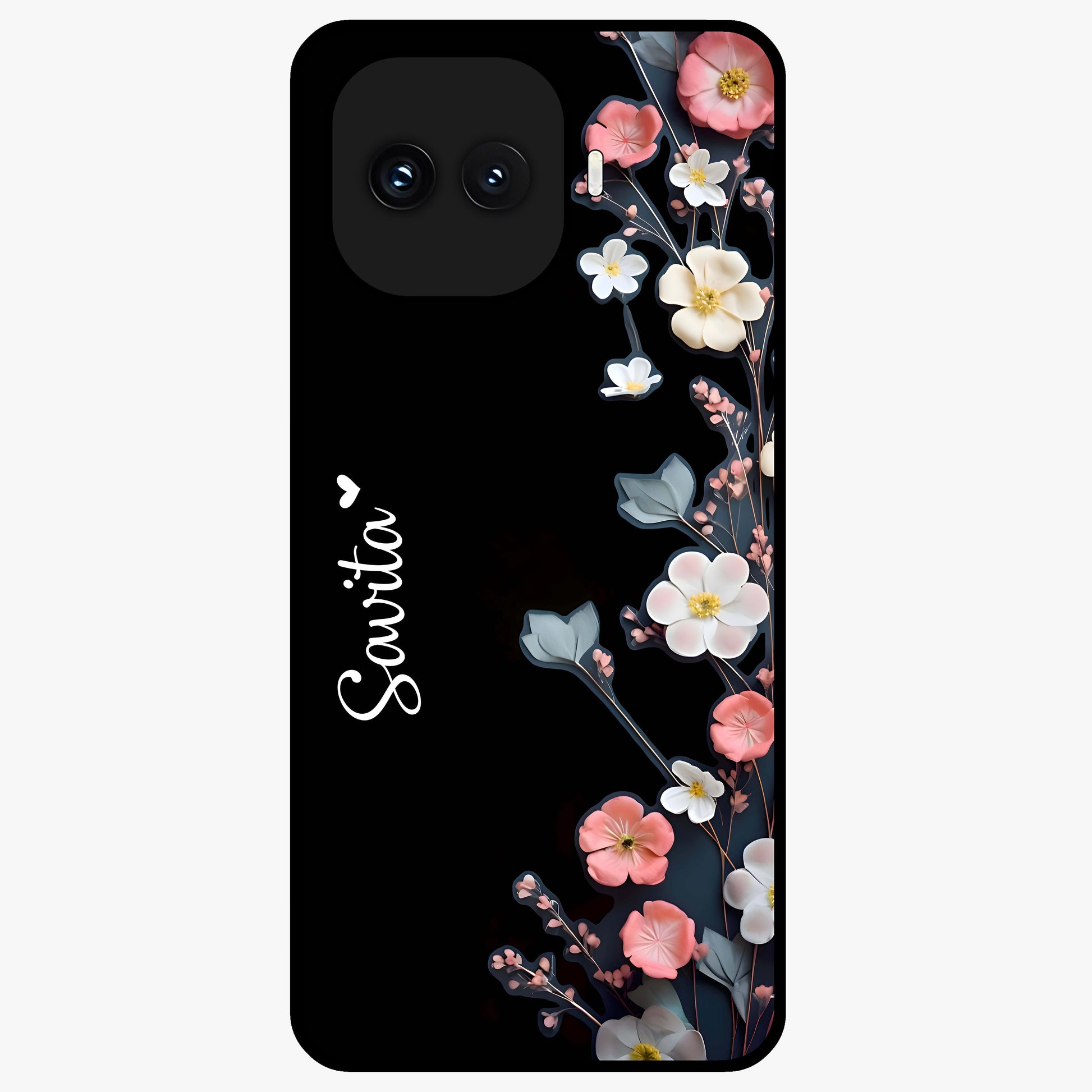 Black Elegance Floral Custom Name Glass Case showing flat back view with elegant floral artwork and personalized name design.