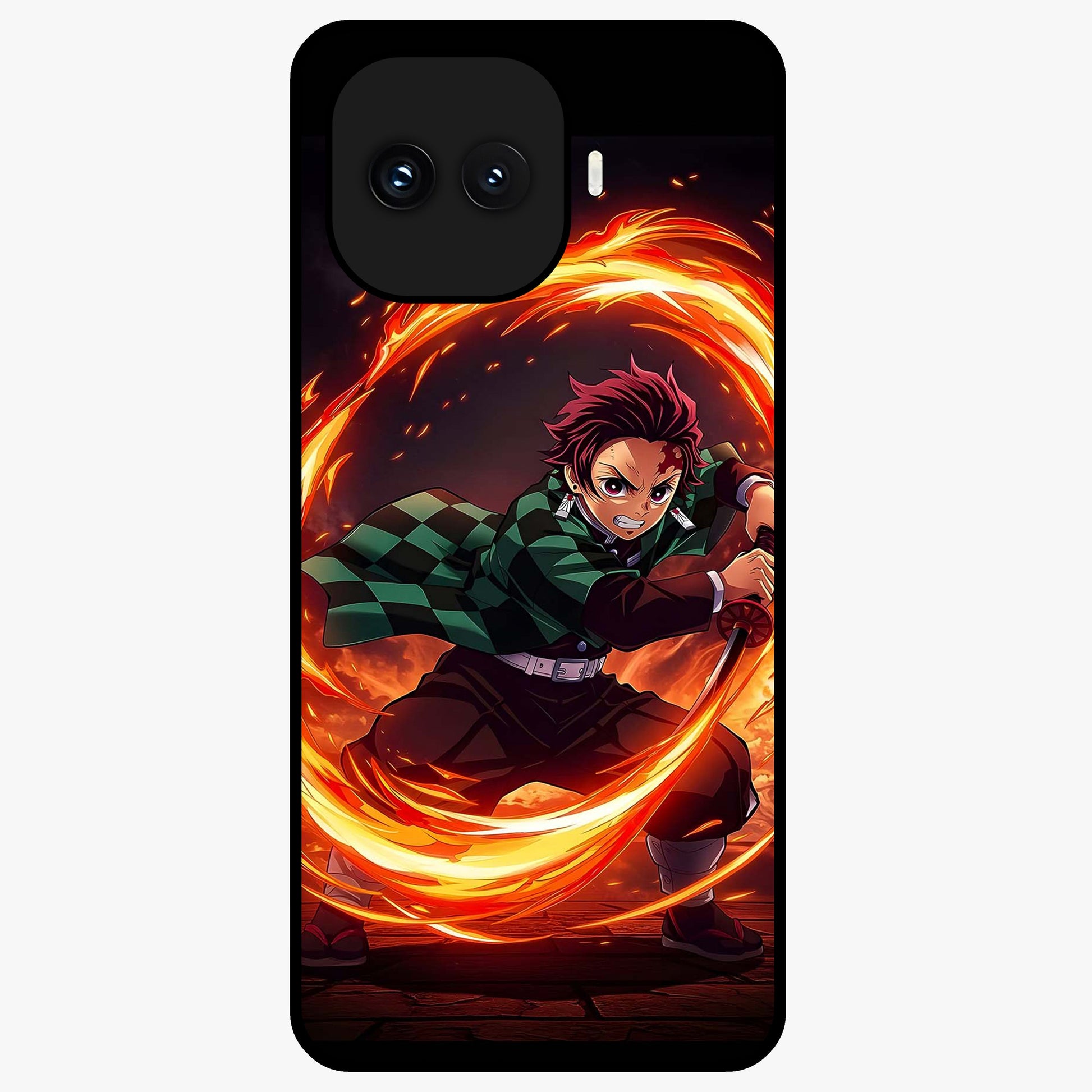 Blazing Sword Resolve Glass Case showing flat back view with fiery sword artwork and glossy glass finish.