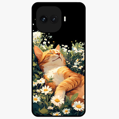 Blissful Bloom Cat Glass Case showing flat back view with cute cat and floral bloom artwork and glossy glass finish.