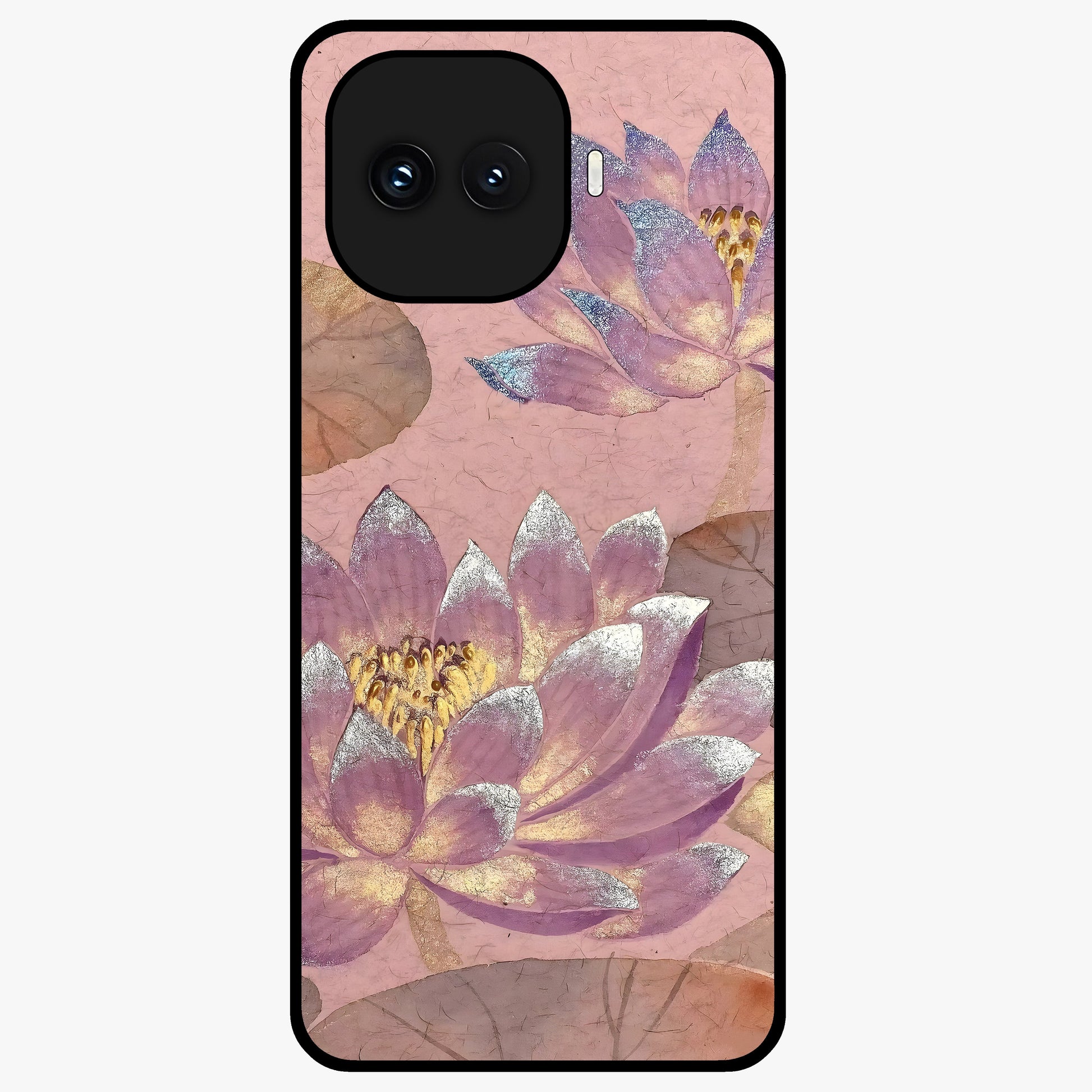 Blossom Mist Lotus Glass Case showing flat back view with serene lotus blossom artwork and glossy glass finish.