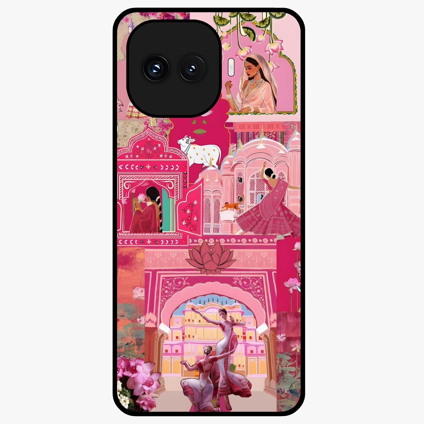Blossoms of Rajasthan Glass Case showing flat back view with traditional floral artwork inspired by Rajasthan and glossy glass finish.