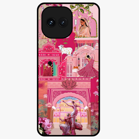 Blossoms of Rajasthan Glass Case showing flat back view with traditional floral artwork inspired by Rajasthan and glossy glass finish.