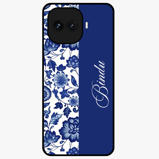 Blue Vintage Floral Pattern Glass Case upright view showcasing timeless floral illustration with vintage inspired style.