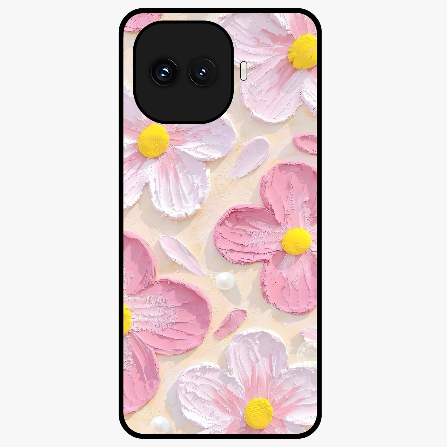 Blush Bloom Texture Glass Case showing flat back view with soft blush floral texture artwork and glossy glass finish.
