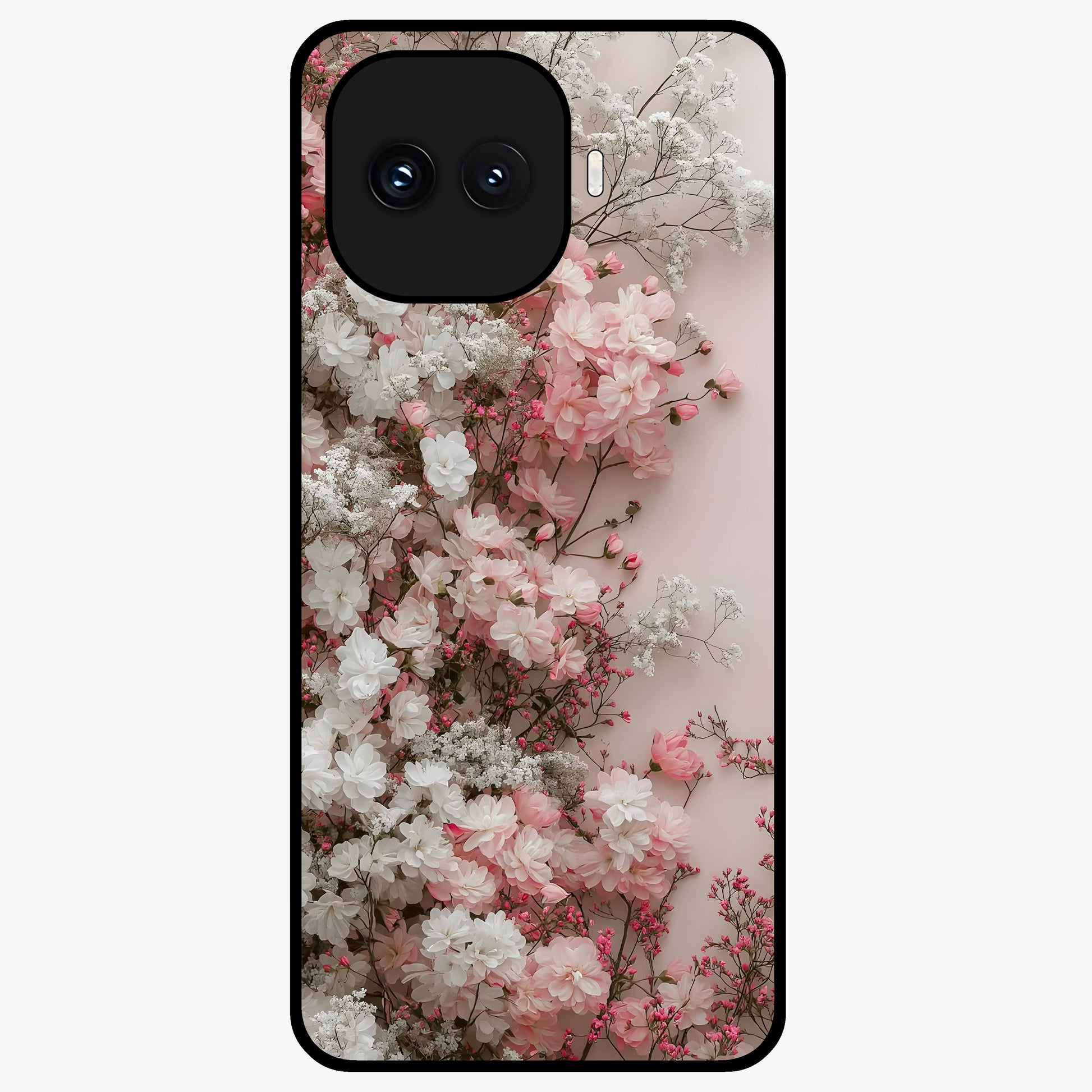 Blush Blossom Cloud Glass Case showing flat back view with dreamy blush cloud blossom artwork and glossy glass finish.
