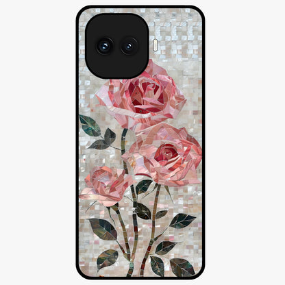 Blush Mosaic Bloom Glass Case showing flat back view with mosaic floral bloom artwork and glossy glass finish.
