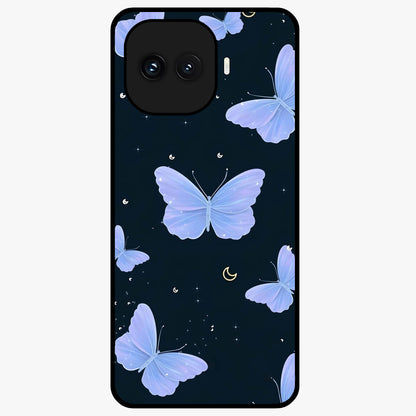 Butterfly With Stars Pattern Glass Case showing flat back view with butterfly and star pattern artwork and glossy glass finish.