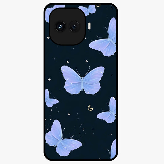 Butterfly With Stars Pattern Glass Case showing flat back view with butterfly and star pattern artwork and glossy glass finish.