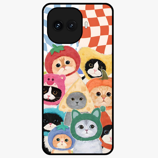 Cats in Fruits Glass Case showing flat back view with playful cat illustrations inside fruit artwork and glossy glass finish.
