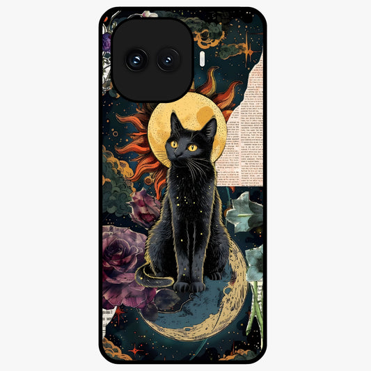 Celestial Black Cat Glass Case showing flat back view with mystical black cat artwork and glossy glass finish.