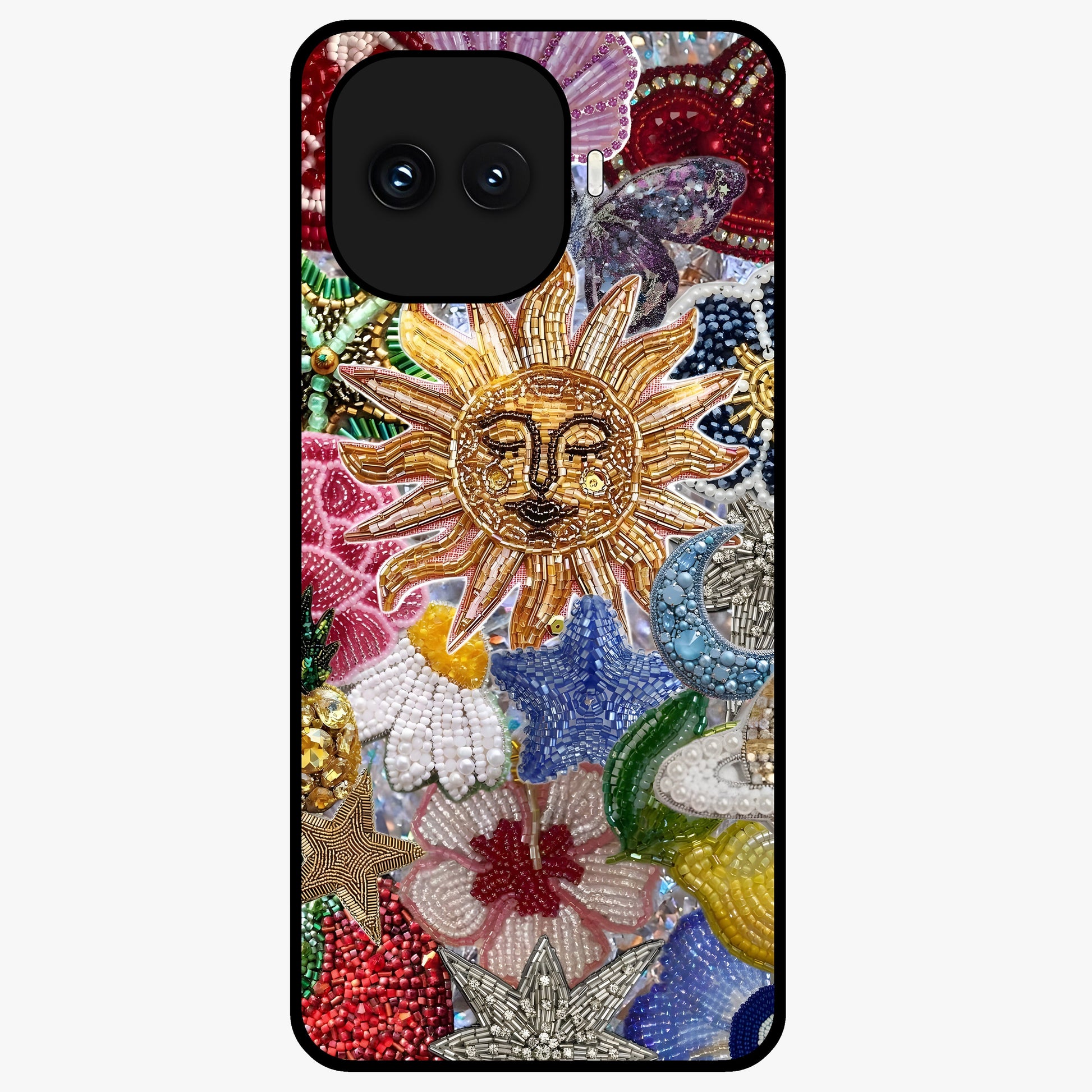 Celestial Floral and Playful Glass Case showing flat back view with floral and celestial themed artwork and glossy glass finish.