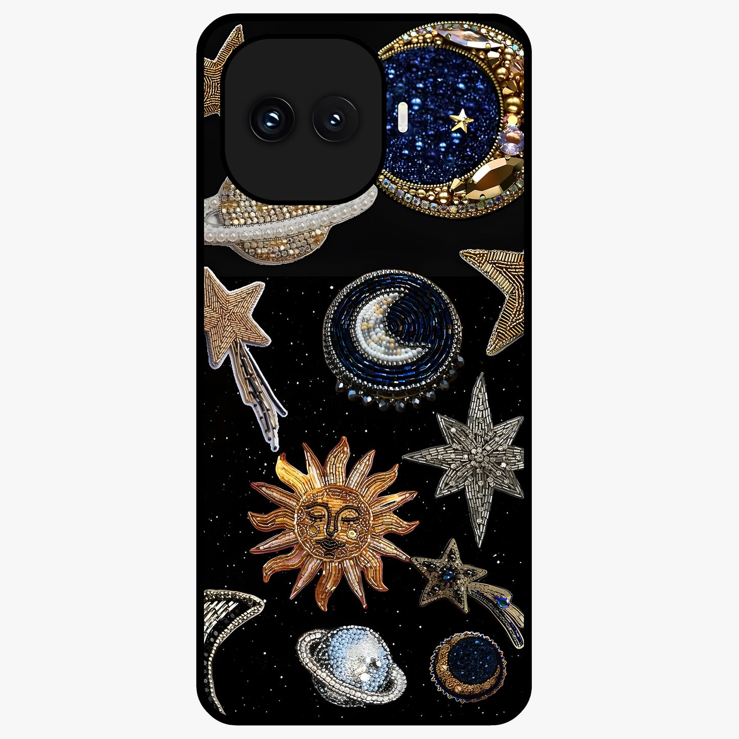 Celestial Gem Constellations Glass Case showing flat back view with sparkling constellation artwork and glossy glass finish.