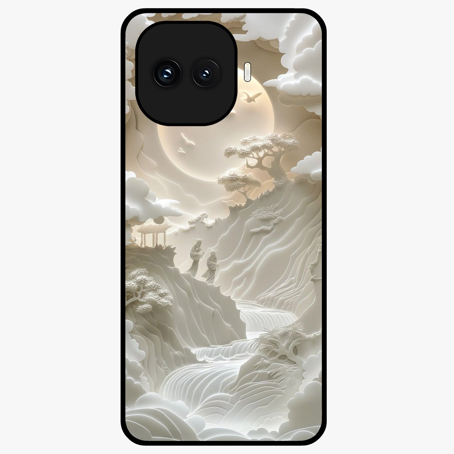 Celestial Origami Glass Case showing flat back view with artistic origami inspired celestial artwork and glossy glass finish.