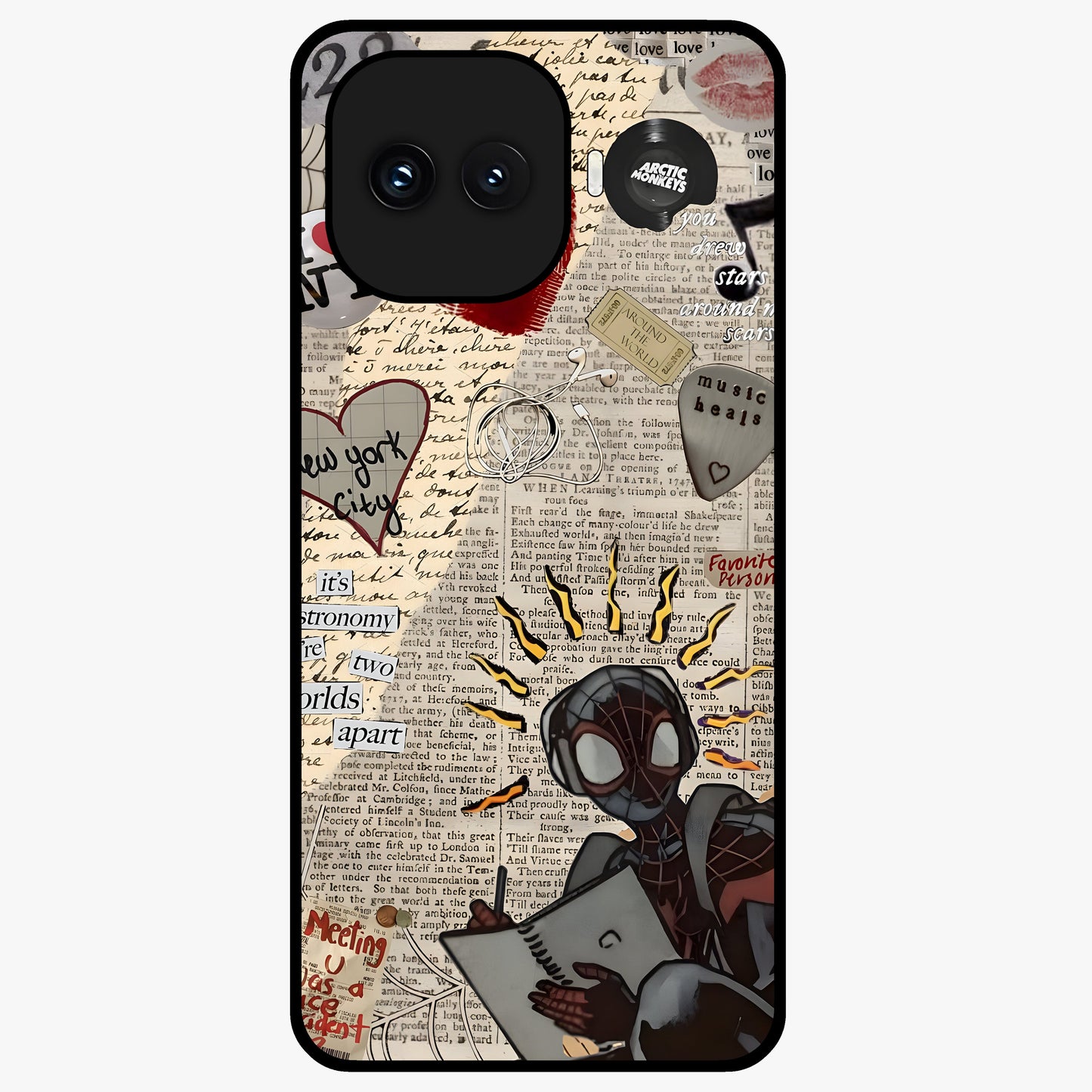 City Dream Sketch Glass Case showing flat back view with artistic city skyline sketch artwork and glossy glass finish.
