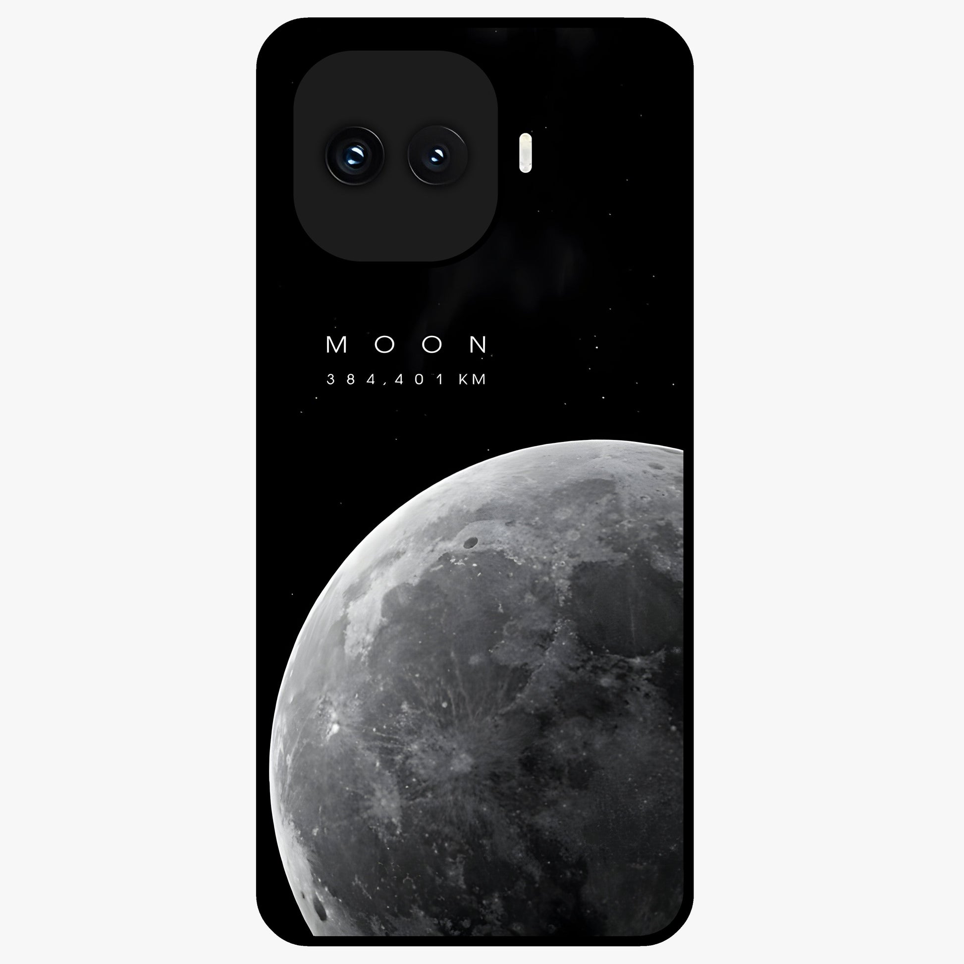 Cosmic Moon Glow Glass Case showing flat back view with glowing moon artwork and glossy glass finish.