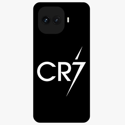 Cr7 Elite Strike Glass Case showing flat back view with dynamic football inspired artwork and glossy glass finish.