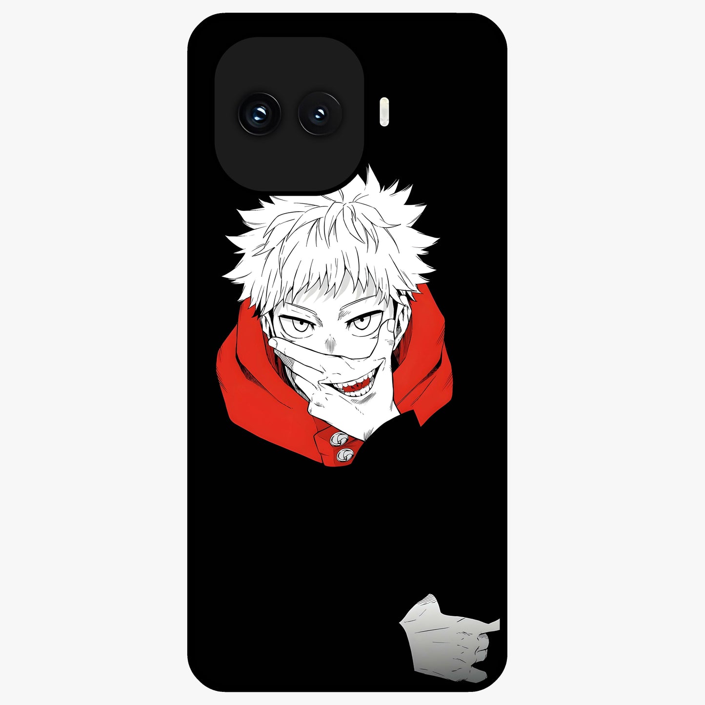 Crimson Chaos Smile Glass Case showing flat back view with bold chaotic smile artwork and glossy glass finish.