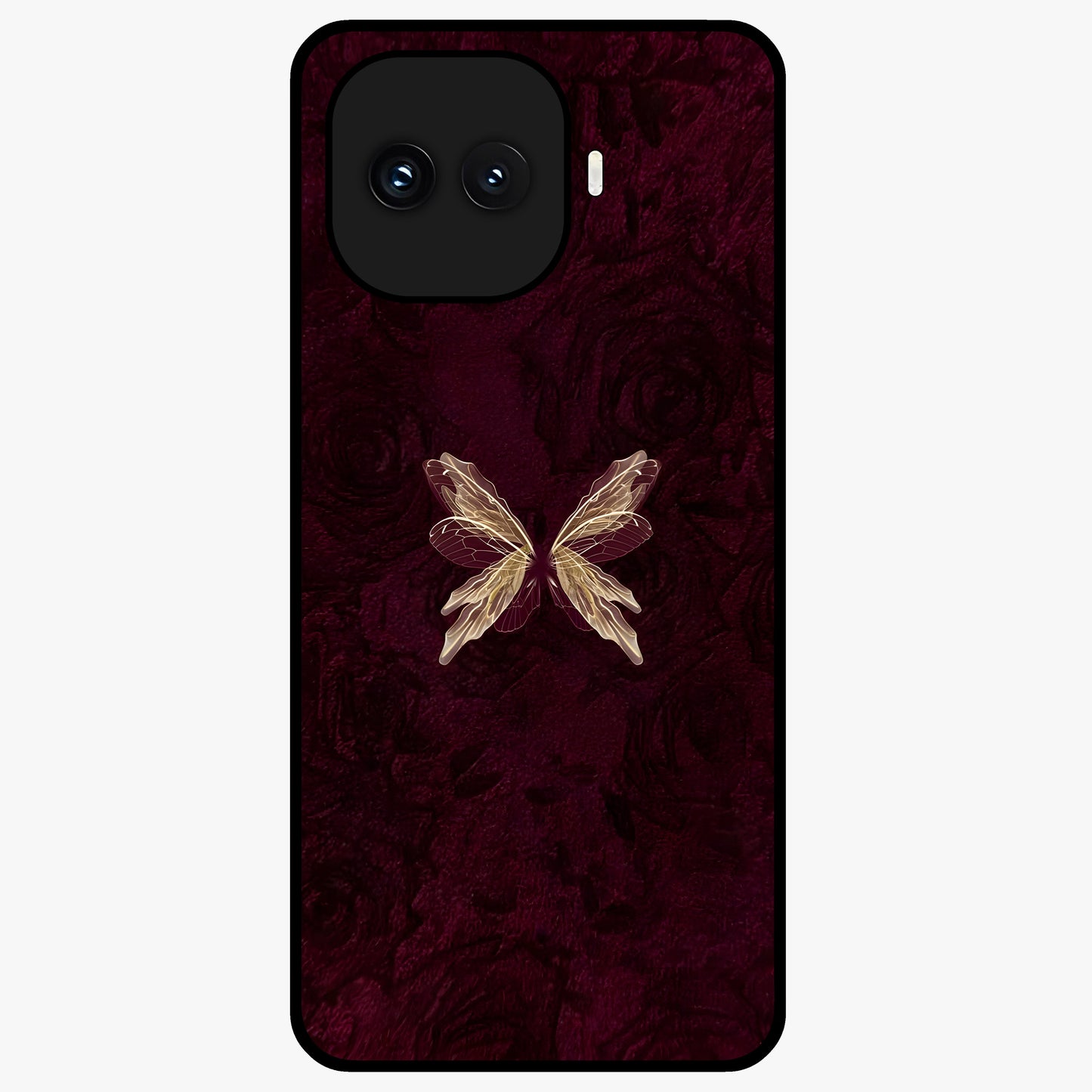 Crimson Fade Butterfly Glass Case showing flat back view with fading butterfly artwork and glossy glass finish.
