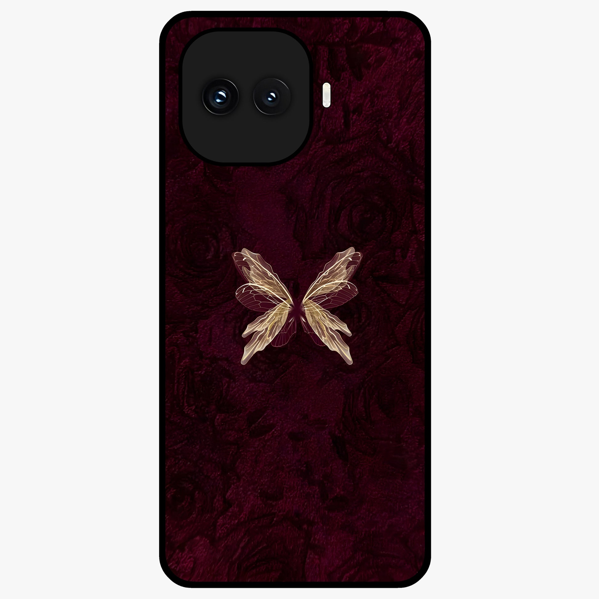 Crimson Fade Butterfly Glass Case showing flat back view with fading butterfly artwork and glossy glass finish.