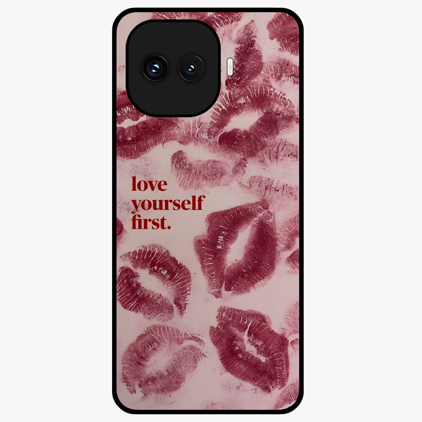 Crimson Kiss Love Glass Case showing flat back view with romantic crimson themed artwork and glossy glass finish.