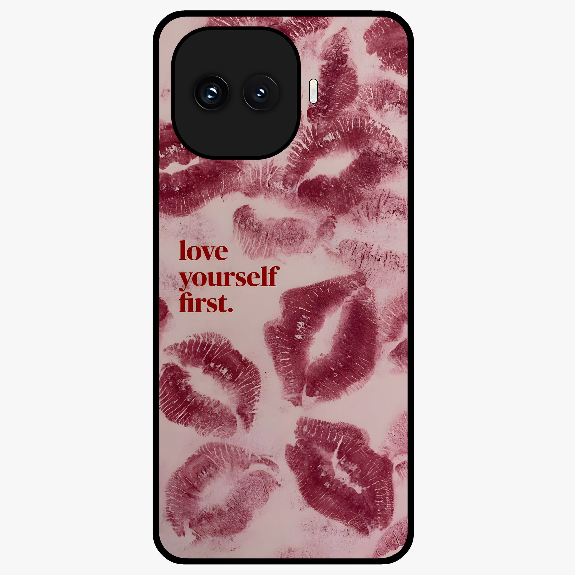 Crimson Kiss Love Glass Case showing flat back view with romantic crimson themed artwork and glossy glass finish.