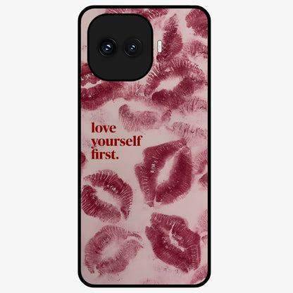 Crimson Kiss Love Glass Case showing flat back view with romantic crimson themed artwork and glossy glass finish.