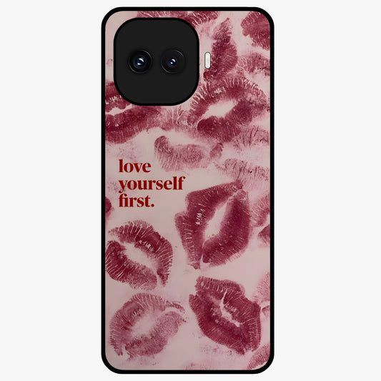 Crimson Kiss Love Glass Case showing flat back view with romantic crimson themed artwork and glossy glass finish.