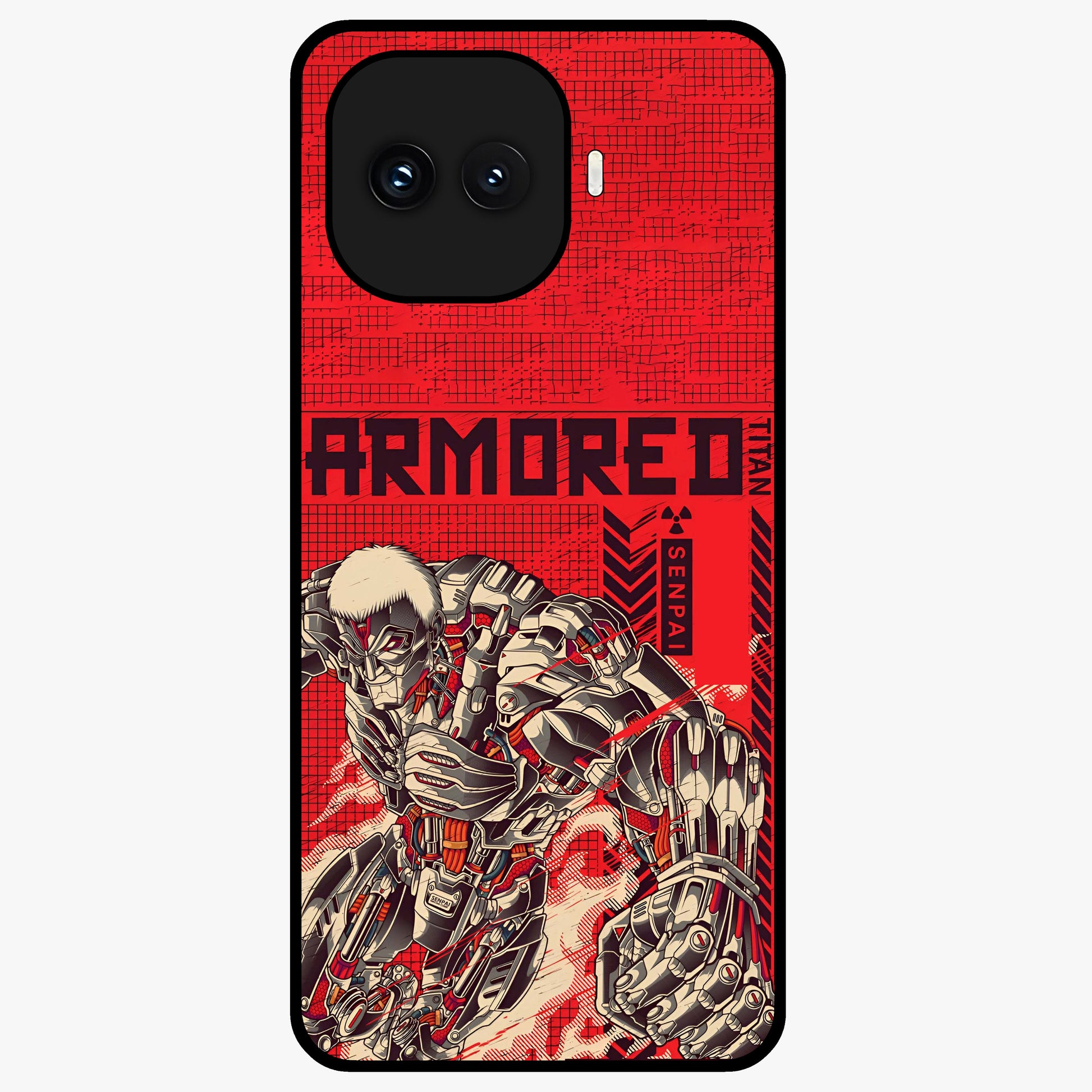 Crimson Mecha Titan Glass Case showing flat back view with powerful mech titan artwork and glossy glass finish.