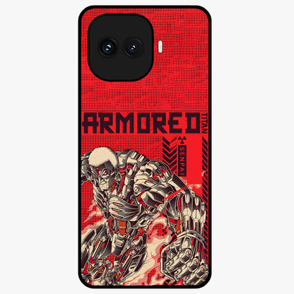 Crimson Mecha Titan Glass Case showing flat back view with powerful mech titan artwork and glossy glass finish.