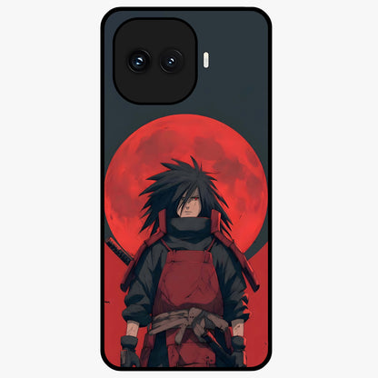 Crimson Moon Warlord Glass Case showing flat back view with mystical moon warrior artwork and glossy glass finish.