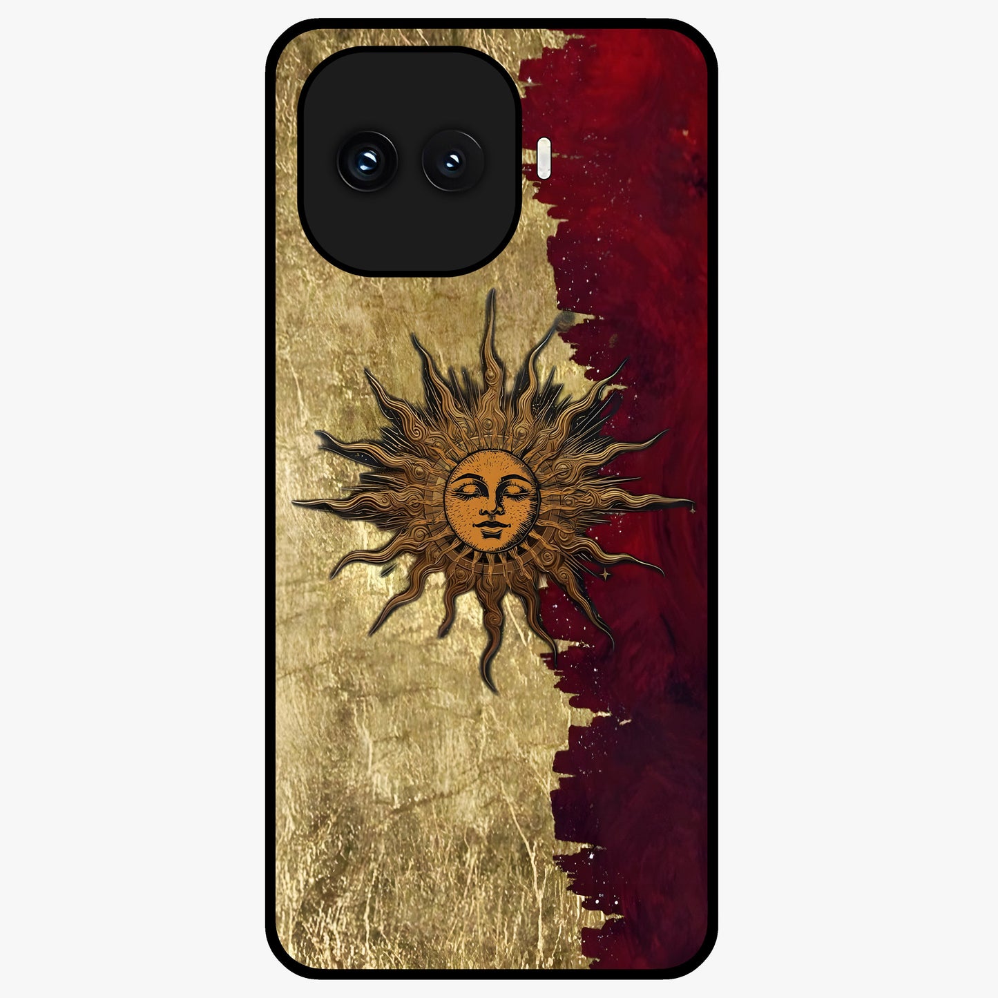 Crimson Sun Majesty Glass Case showing flat back view with radiant sun inspired artwork and glossy glass finish.