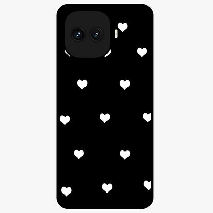 Cute And Simple White Hearts Glass Case showing flat back view with minimal white heart pattern and glossy glass finish.