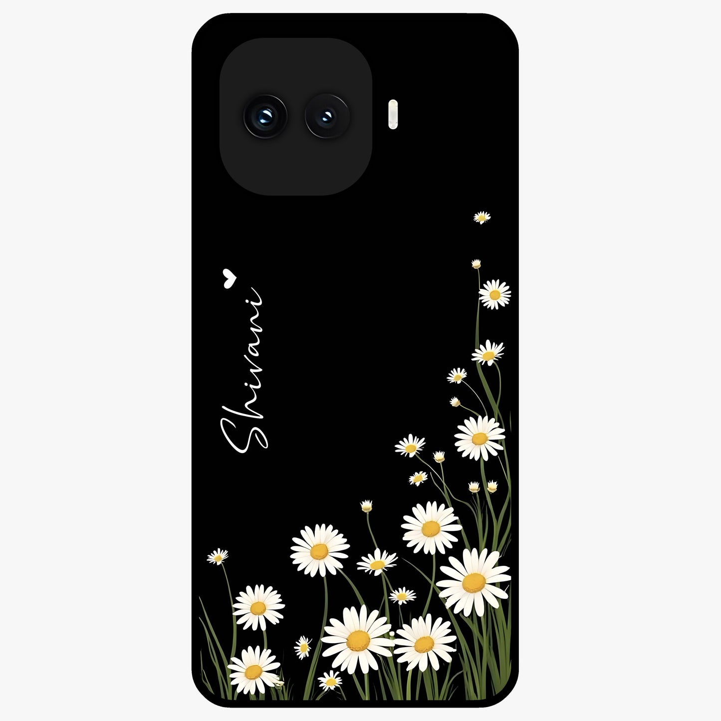 Daisy Cascade Custom Name Glass Case showing flat back view with cascading daisy flowers and personalized name design.