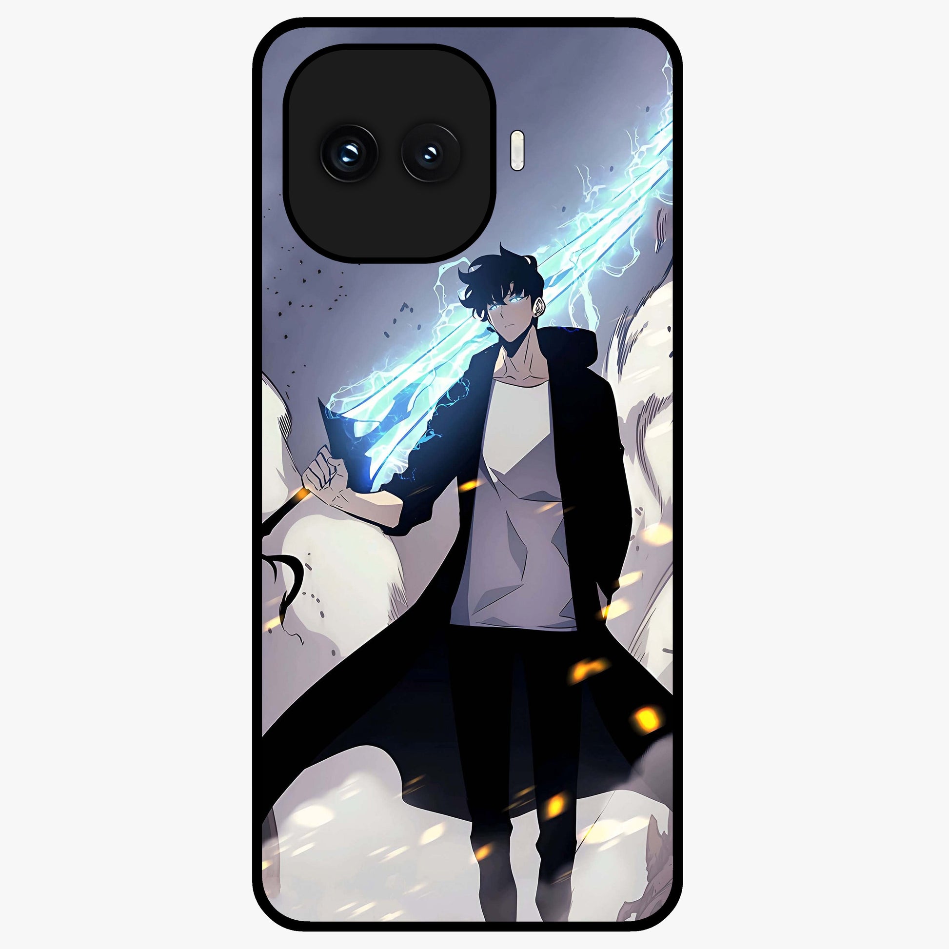 Dark Lightning Anime Warrior Glass Case showing flat back view with intense anime warrior artwork and glossy glass finish.