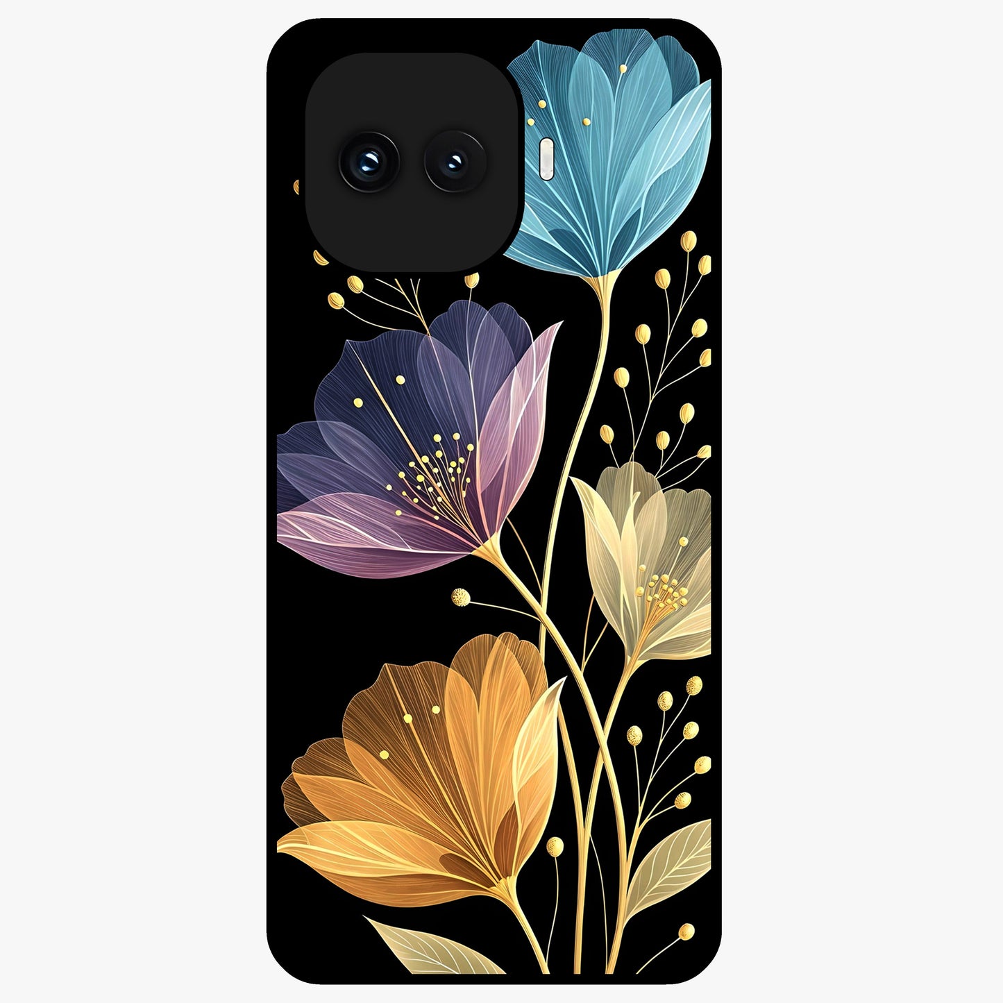 Delicate Multicolor Flowers Glass Case showing flat back view with vibrant floral artwork and glossy glass finish.