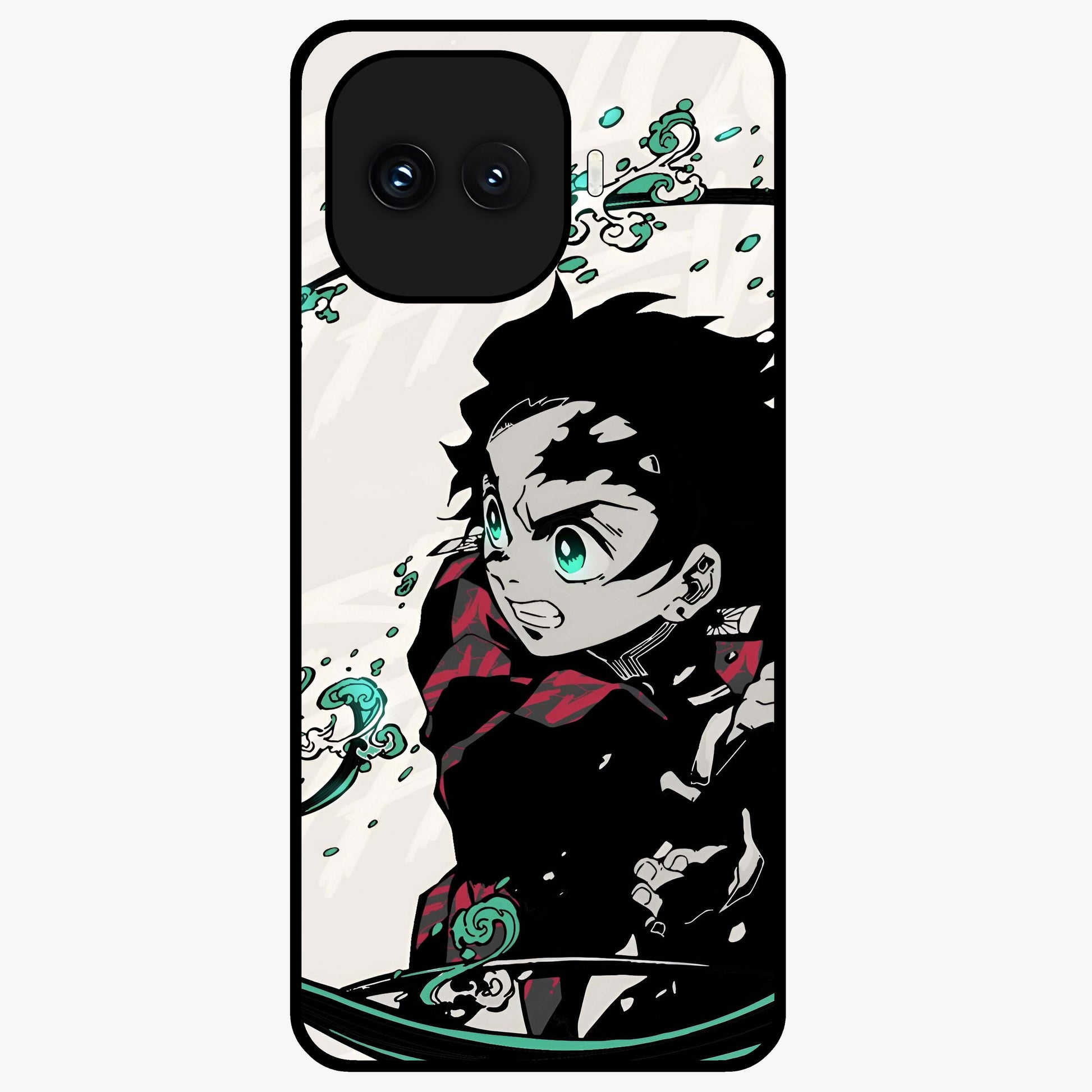 Demon Slayer Glass Case showing flat back view with bold anime inspired artwork and glossy glass finish.