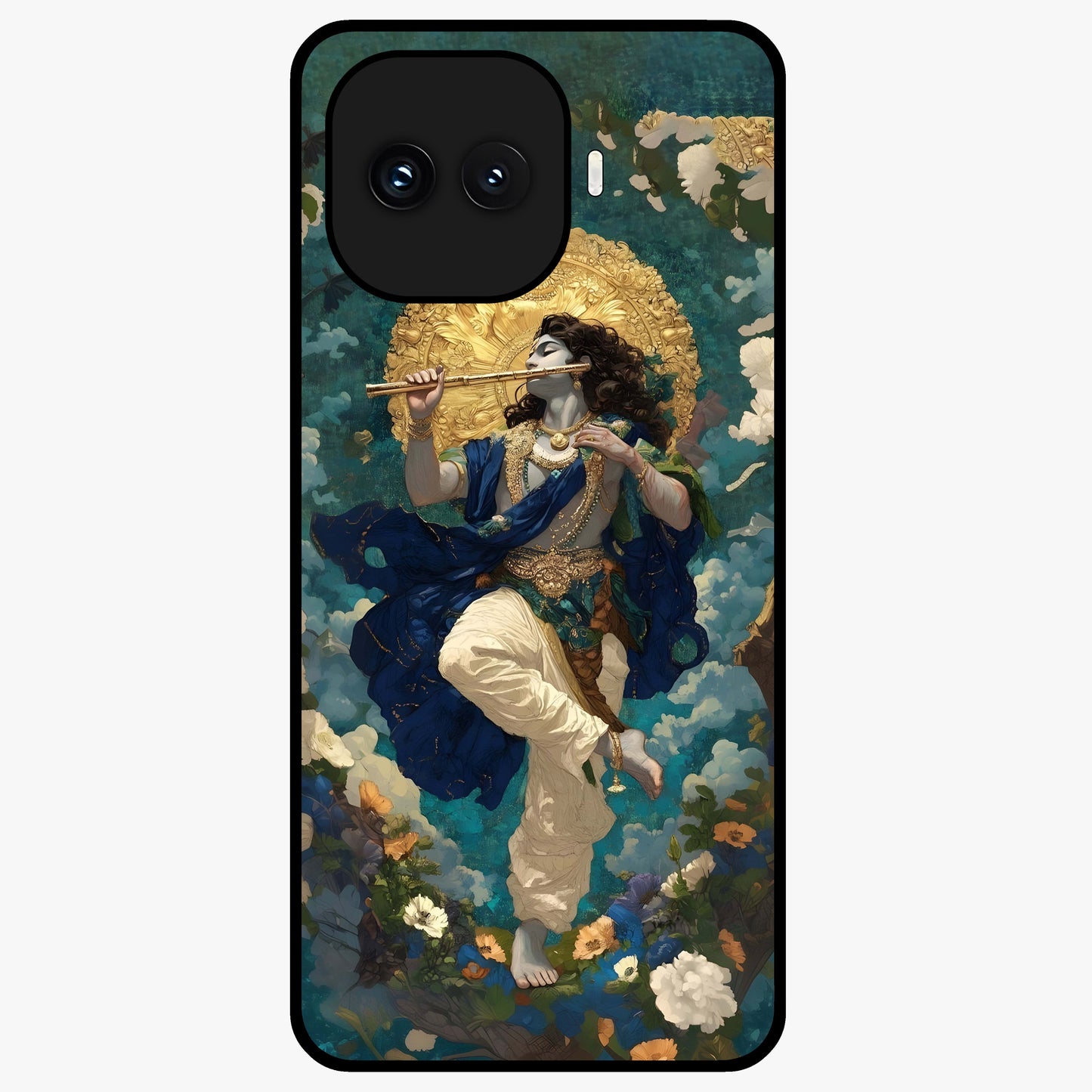 Divine Krishna Art Glass Case showing flat back view with Lord Krishna artwork and glossy glass finish.