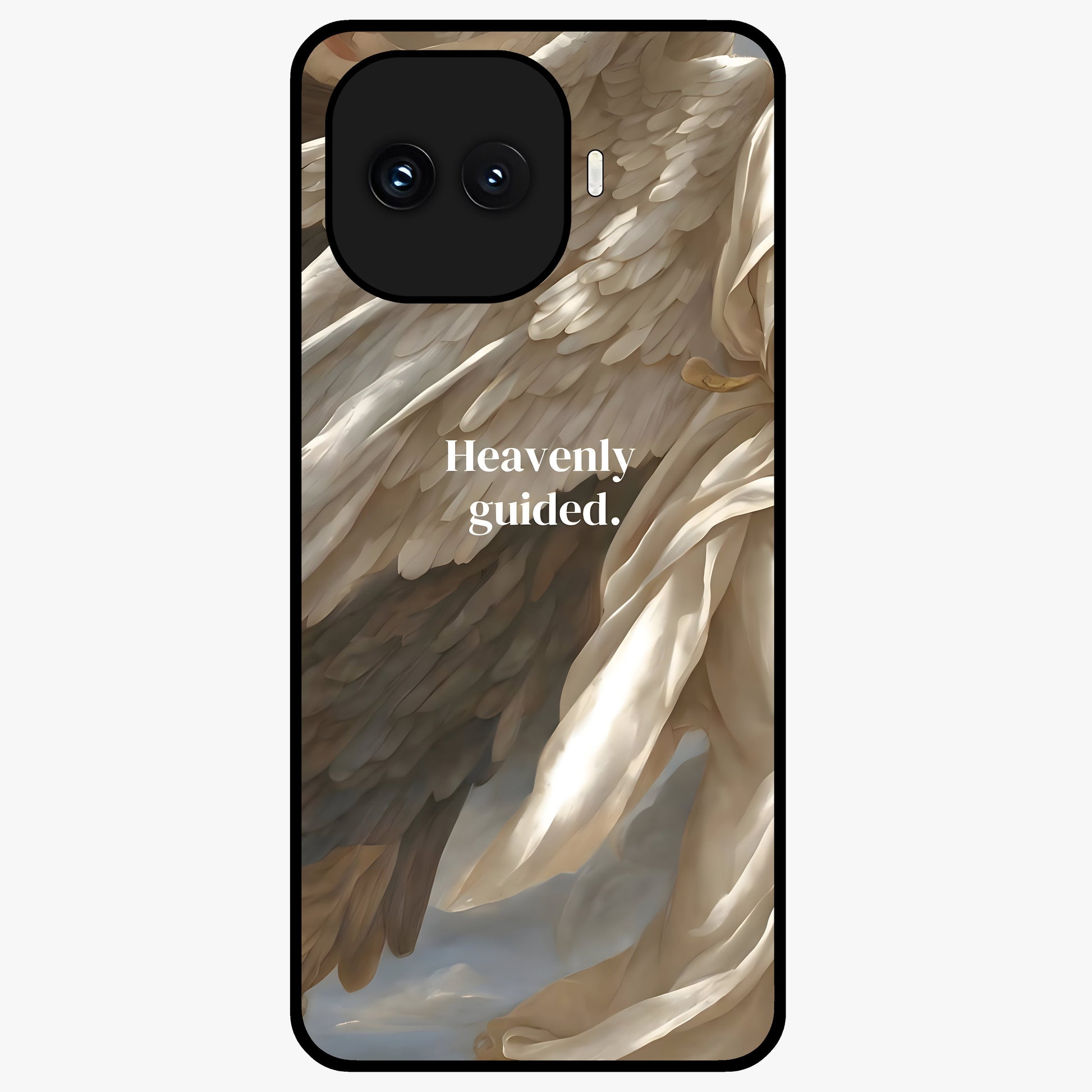 Divine Winged Grace Glass Case showing flat back view with elegant wing inspired artwork and glossy glass finish.