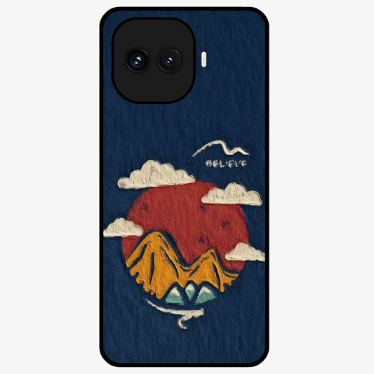 Dream Beyond Mountains Glass Case showing flat back view with scenic mountain landscape artwork and glossy glass finish.