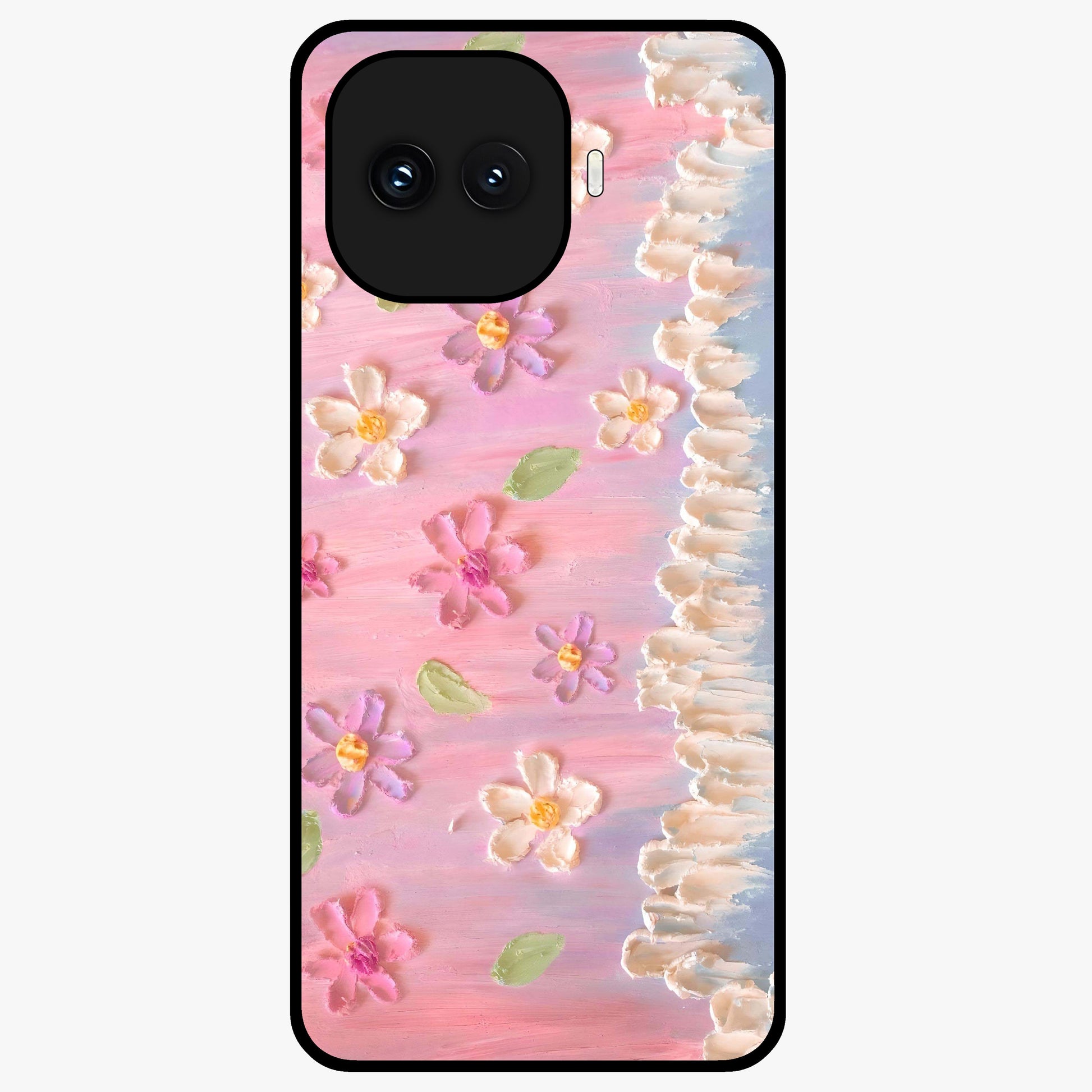 Dreamy Painted Garden Glass Case showing flat back view with artistic painted floral garden artwork and glossy glass finish.