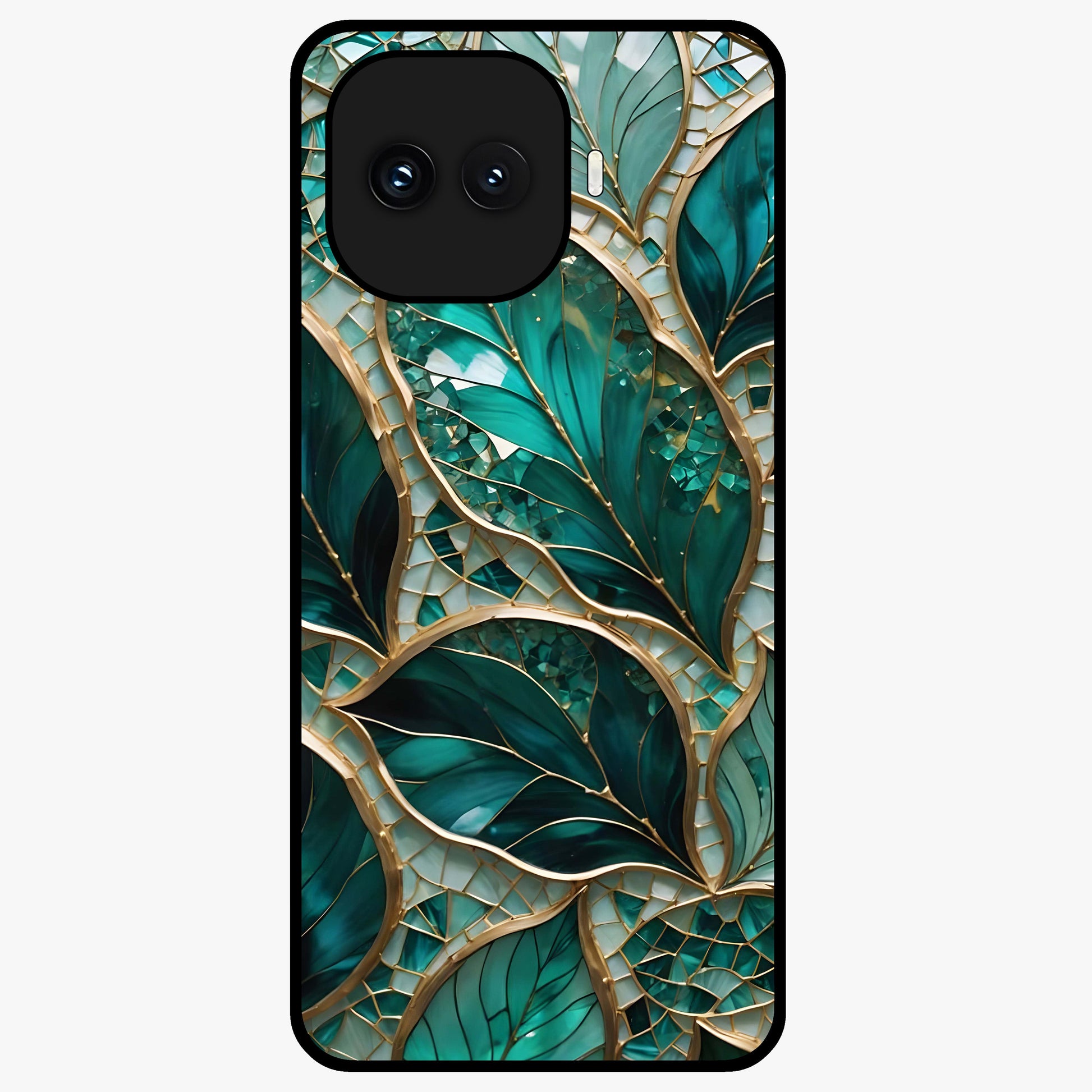 Emerald Leaf Glass Glass Case showing flat back view with emerald green leaf artwork and glossy glass finish.
