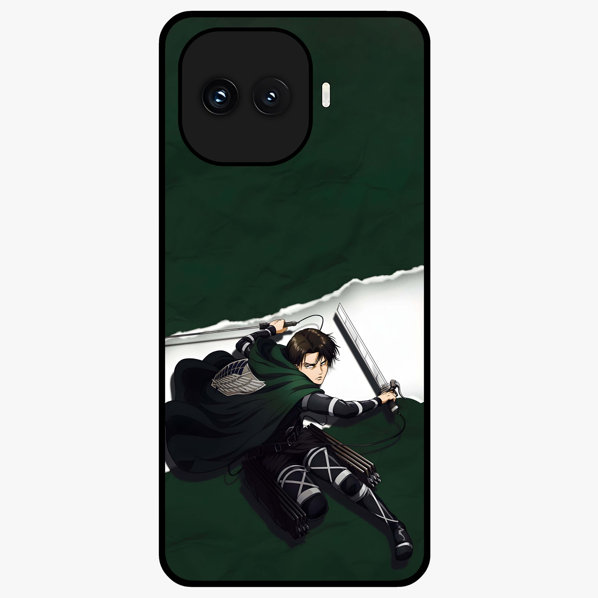 Emerald War Vanguard Glass Case showing flat back view with powerful warrior themed artwork and glossy glass finish.