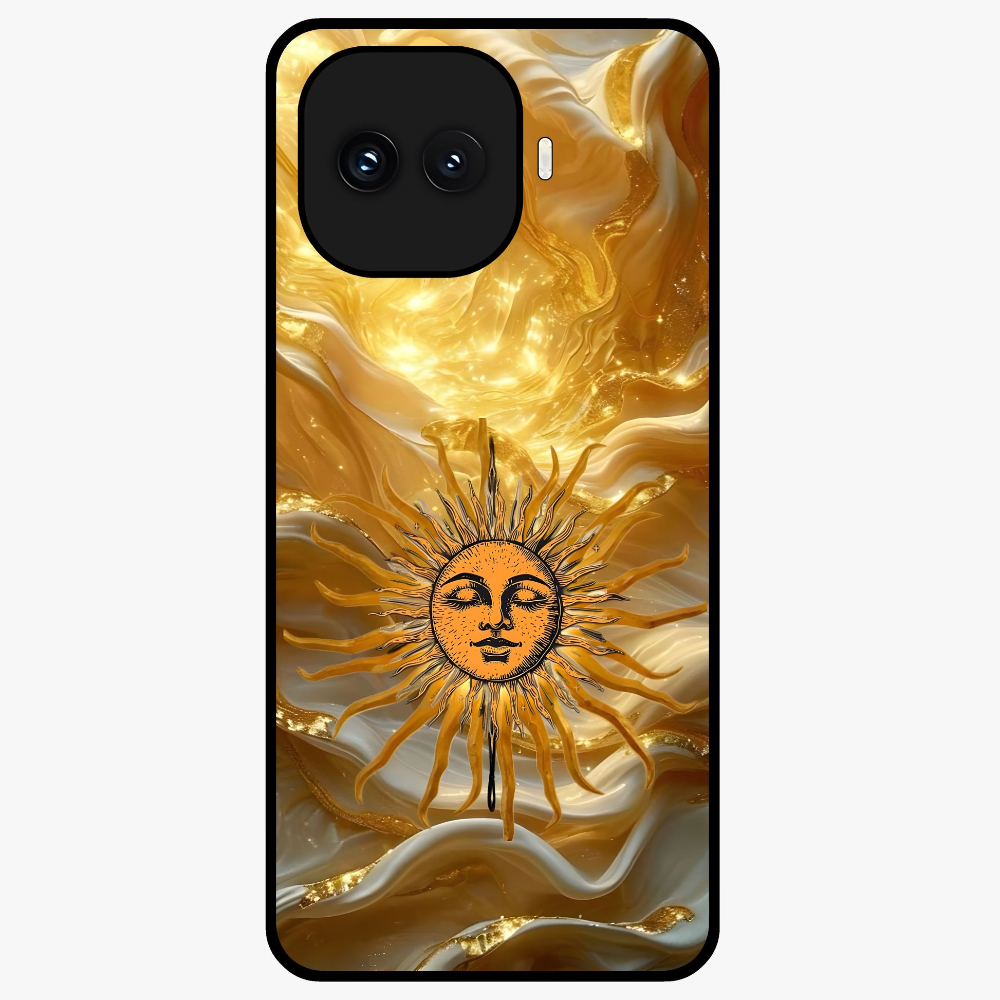 Eternal Golden Glow Glass Case showing flat back view with radiant golden themed artwork and glossy glass finish.