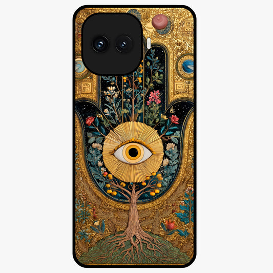 Ethereal Evil Eye Glass Case showing flat back view with mystical evil eye artwork and glossy glass finish.
