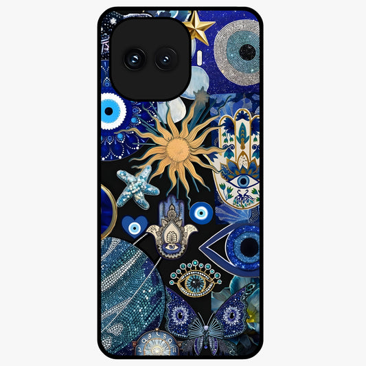 Evil Eye Charm Mix Glass Case showing flat back view with multiple evil eye charms artwork and glossy glass finish.