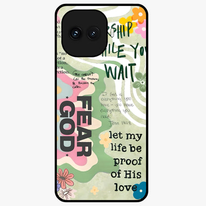 Faith Over Fear Glass Case showing flat back view with motivational typography artwork and glossy glass finish.